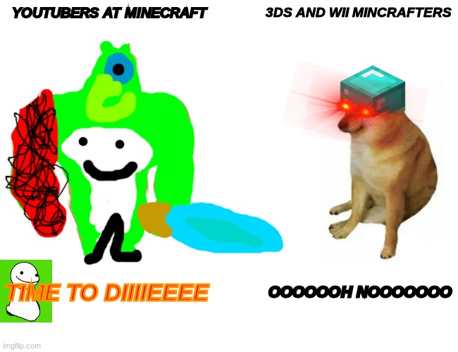 true indeed | YOUTUBERS AT MINECRAFT; 3DS AND WII MINCRAFTERS; TIME TO DIIIIEEEE; OOOOOOH NOOOOOOO | image tagged in memes,buff doge vs cheems | made w/ Imgflip meme maker