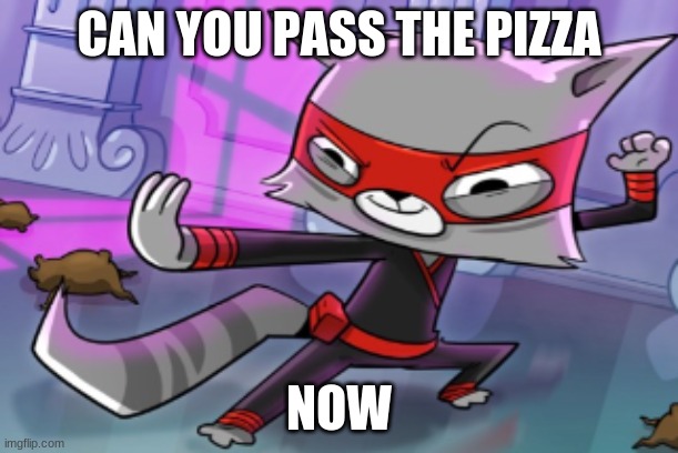 cat ninja | CAN YOU PASS THE PIZZA; NOW | image tagged in cat ninja | made w/ Imgflip meme maker