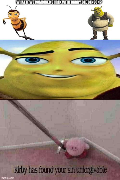 Kirby has found your sin unforgivable | WHAT IF WE COMBINED SHREK WITH BARRY BEE BENSON? | image tagged in kirby has found your sin unforgivable | made w/ Imgflip meme maker