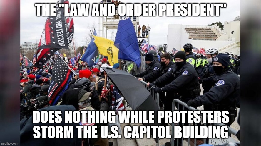 THE "LAW AND ORDER PRESIDENT"; DOES NOTHING WHILE PROTESTERS STORM THE U.S. CAPITOL BUILDING | made w/ Imgflip meme maker