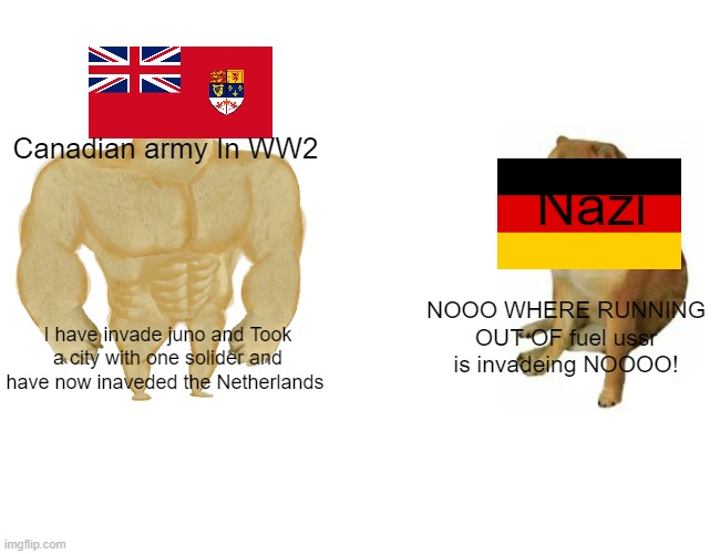 WW2 canada and germany | Canadian army In WW2; Nazi; NOOO WHERE RUNNING OUT OF fuel ussr is invadeing NOOOO! I have invade juno and Took a city with one solider and have now inaveded the Netherlands | image tagged in memes,buff doge vs cheems | made w/ Imgflip meme maker