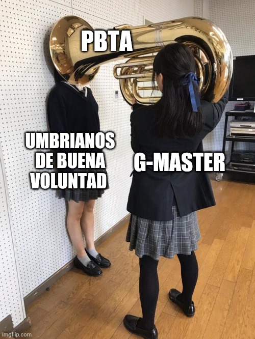 Girl Putting Tuba on Girl's Head | PBTA; G-MASTER; UMBRIANOS DE BUENA VOLUNTAD | image tagged in girl putting tuba on girl's head | made w/ Imgflip meme maker