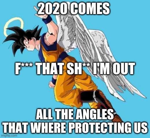 angel goku | 2020 COMES; F*** THAT SH** I'M OUT; ALL THE ANGLES THAT WHERE PROTECTING US | image tagged in angel goku | made w/ Imgflip meme maker