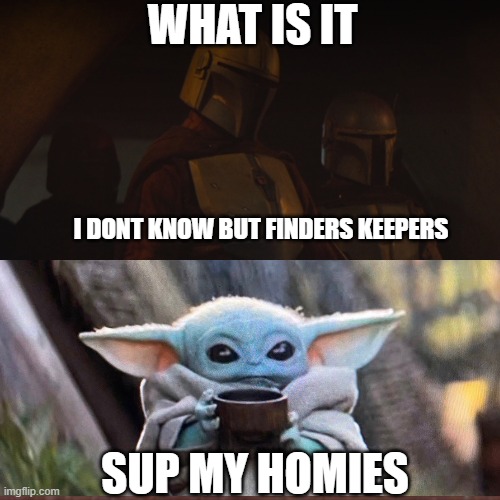 sup my homies | WHAT IS IT; I DONT KNOW BUT FINDERS KEEPERS; SUP MY HOMIES | image tagged in funny memes,baby | made w/ Imgflip meme maker