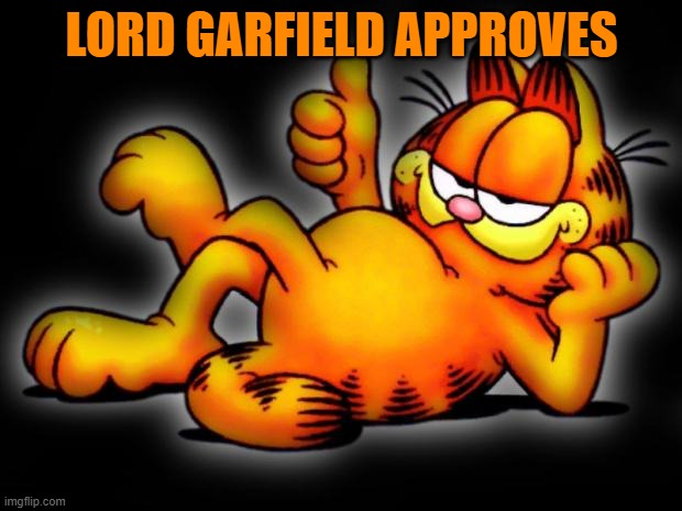 garfield thumbs up | LORD GARFIELD APPROVES | image tagged in garfield thumbs up | made w/ Imgflip meme maker