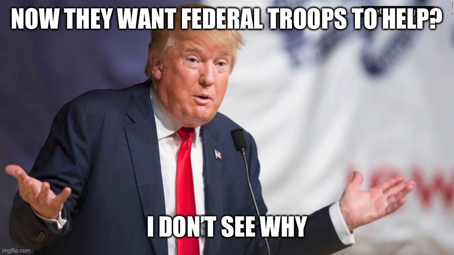 Just a peaceful protest... ;) | NOW THEY WANT FEDERAL TROOPS TO HELP? I DON’T SEE WHY | image tagged in trump shrug,memes | made w/ Imgflip meme maker