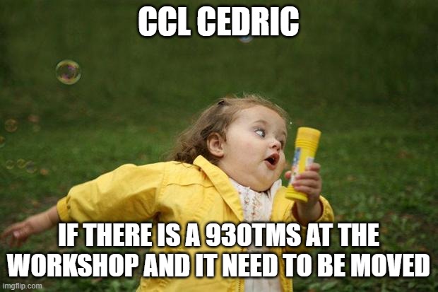 girl running | CCL CEDRIC; IF THERE IS A 930TMS AT THE WORKSHOP AND IT NEED TO BE MOVED | image tagged in girl running | made w/ Imgflip meme maker