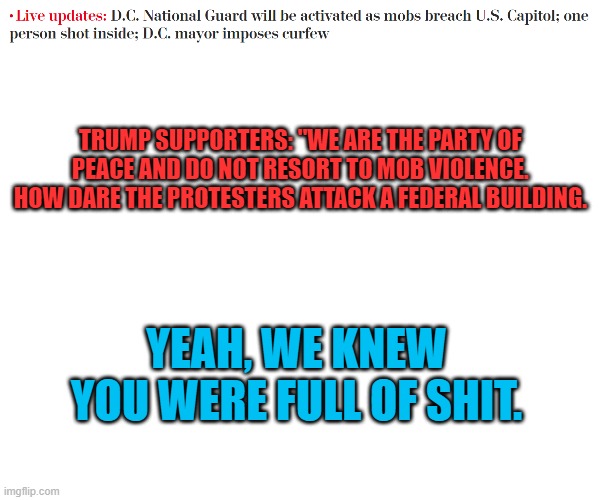 Waiting for Trump supporters to dig up an excuse that justifies these actions but still invalidates their opposition. 3...2.... | TRUMP SUPPORTERS: "WE ARE THE PARTY OF PEACE AND DO NOT RESORT TO MOB VIOLENCE. HOW DARE THE PROTESTERS ATTACK A FEDERAL BUILDING. YEAH, WE KNEW YOU WERE FULL OF SHIT. | image tagged in blank white template | made w/ Imgflip meme maker
