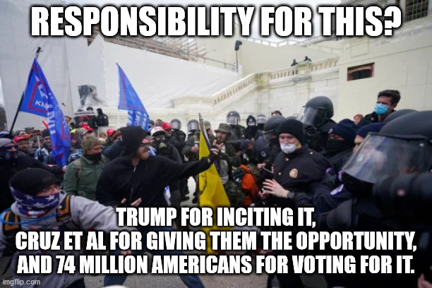 Responsibility? | RESPONSIBILITY FOR THIS? TRUMP FOR INCITING IT,
CRUZ ET AL FOR GIVING THEM THE OPPORTUNITY,
AND 74 MILLION AMERICANS FOR VOTING FOR IT. | image tagged in donald trump,capital,insurrection,traitors | made w/ Imgflip meme maker