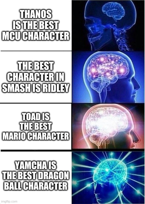 yamcha does rock though | THANOS IS THE BEST MCU CHARACTER; THE BEST CHARACTER IN SMASH IS RIDLEY; TOAD IS THE BEST MARIO CHARACTER; YAMCHA IS THE BEST DRAGON BALL CHARACTER | image tagged in super smash bros,mcu,mario,dbz | made w/ Imgflip meme maker