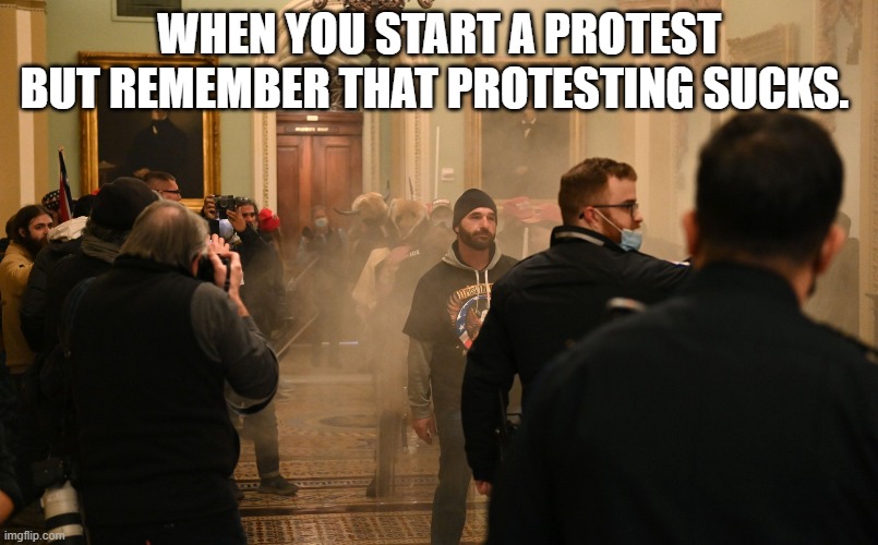 Regret | WHEN YOU START A PROTEST BUT REMEMBER THAT PROTESTING SUCKS. | image tagged in politics | made w/ Imgflip meme maker