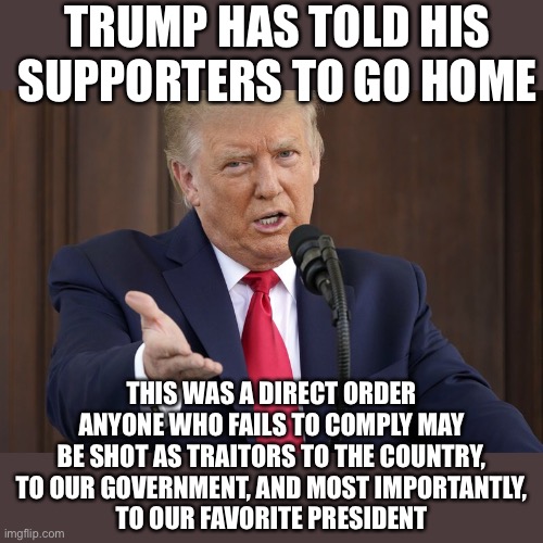 To the Radical Trump Supporting Terrorists... | TRUMP HAS TOLD HIS SUPPORTERS TO GO HOME; THIS WAS A DIRECT ORDER
ANYONE WHO FAILS TO COMPLY MAY BE SHOT AS TRAITORS TO THE COUNTRY, TO OUR GOVERNMENT, AND MOST IMPORTANTLY,
TO OUR FAVORITE PRESIDENT | image tagged in trump,terrorists,trump terrorists | made w/ Imgflip meme maker