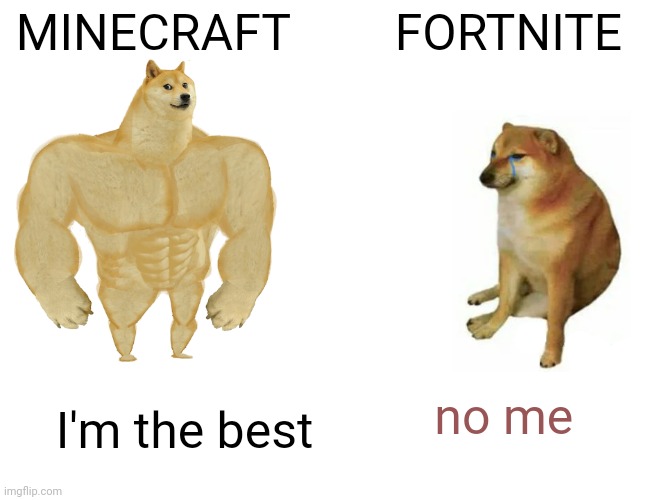 Buff Doge vs. Cheems | MINECRAFT; FORTNITE; no me; I'm the best | image tagged in memes,buff doge vs cheems | made w/ Imgflip meme maker