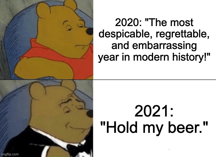 2021: Hold My Beer | 2020: "The most despicable, regrettable, and embarrassing year in modern history!"; 2021: "Hold my beer." | image tagged in memes,tuxedo winnie the pooh,hold my beer,2020,2021 | made w/ Imgflip meme maker