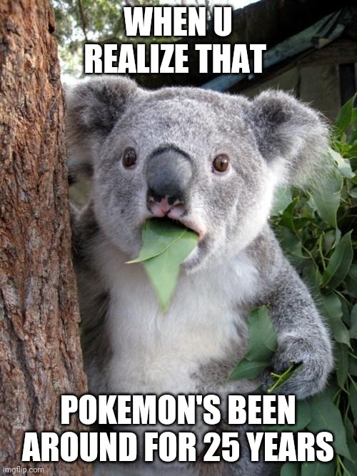 Surprised Koala | WHEN U REALIZE THAT; POKEMON'S BEEN AROUND FOR 25 YEARS | image tagged in memes,surprised koala | made w/ Imgflip meme maker