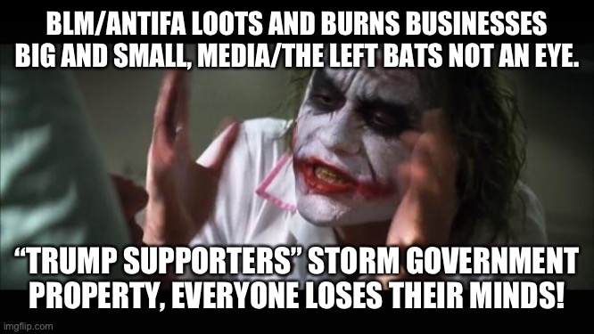 And everybody loses their minds Meme | BLM/ANTIFA LOOTS AND BURNS BUSINESSES BIG AND SMALL, MEDIA/THE LEFT BATS NOT AN EYE. “TRUMP SUPPORTERS” STORM GOVERNMENT PROPERTY, EVERYONE LOSES THEIR MINDS! | image tagged in memes,and everybody loses their minds,political meme,protest,blm,antifa | made w/ Imgflip meme maker