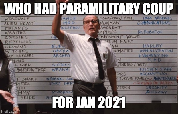 who had | WHO HAD PARAMILITARY COUP; FOR JAN 2021 | image tagged in cabin the the woods | made w/ Imgflip meme maker
