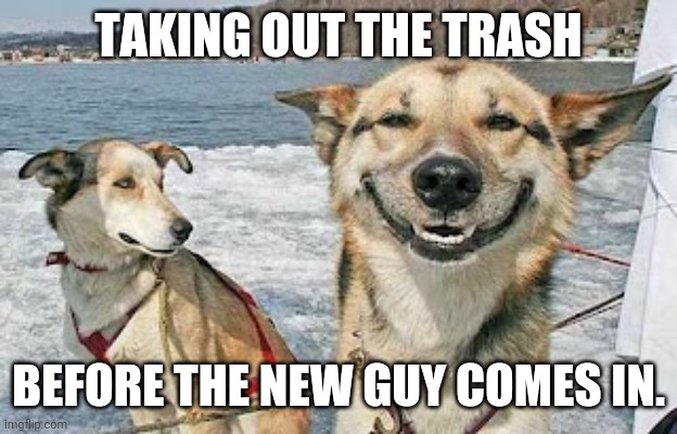 Original Stoner Dog Meme | TAKING OUT THE TRASH BEFORE THE NEW GUY COMES IN. | image tagged in memes,original stoner dog | made w/ Imgflip meme maker