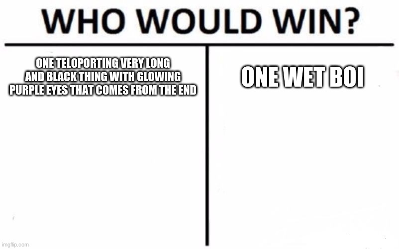 Who Would Win? | ONE TELOPORTING VERY LONG AND BLACK THING WITH GLOWING PURPLE EYES THAT COMES FROM THE END; ONE WET BOI | image tagged in memes,who would win | made w/ Imgflip meme maker