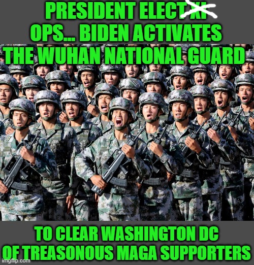 yep | PRESIDENT ELECT XI OPS... BIDEN ACTIVATES THE WUHAN NATIONAL GUARD; TO CLEAR WASHINGTON DC OF TREASONOUS MAGA SUPPORTERS | image tagged in democrats,communism | made w/ Imgflip meme maker