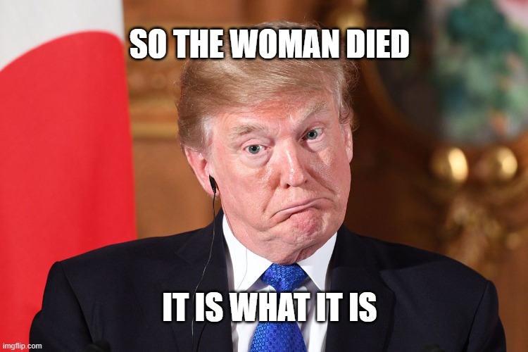 Trump dumbfounded | SO THE WOMAN DIED IT IS WHAT IT IS | image tagged in trump dumbfounded | made w/ Imgflip meme maker