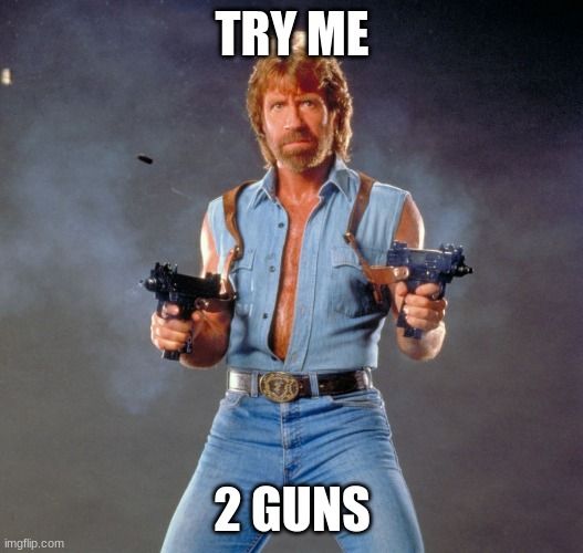 Chuck Norris Guns Meme | TRY ME 2 GUNS | image tagged in memes,chuck norris guns,chuck norris | made w/ Imgflip meme maker