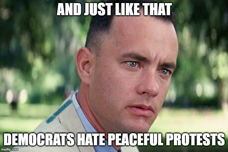And Just Like That | AND JUST LIKE THAT; IG@4_TOUCHDOWNS; DEMOCRATS HATE PEACEFUL PROTESTS | image tagged in libtards,peaceful,protests | made w/ Imgflip meme maker