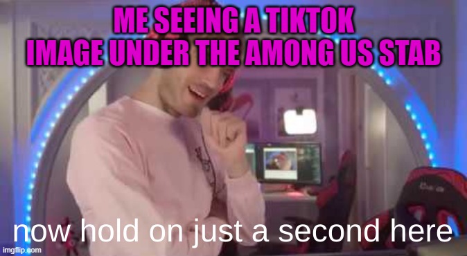 now hold on just a second here | ME SEEING A TIKTOK IMAGE UNDER THE AMONG US STAB | image tagged in now hold on just a second here | made w/ Imgflip meme maker