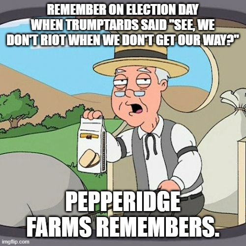 Pepperidge Farm Remembers | REMEMBER ON ELECTION DAY WHEN TRUMPTARDS SAID "SEE, WE DON'T RIOT WHEN WE DON'T GET OUR WAY?"; PEPPERIDGE FARMS REMEMBERS. | image tagged in memes,pepperidge farm remembers | made w/ Imgflip meme maker