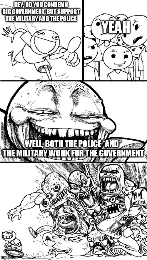 Checkmate | HEY, DO YOU CONDEMN BIG GOVERNMENT, BUT SUPPORT THE MILITARY AND THE POLICE; YEAH; WELL, BOTH THE POLICE *AND* THE MILITARY WORK FOR THE GOVERNMENT | image tagged in memes,hey internet,military,police,government,big government | made w/ Imgflip meme maker