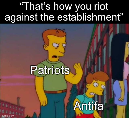 “That’s how you riot against the establishment”; Patriots; Antifa | image tagged in january 6th,riots | made w/ Imgflip meme maker