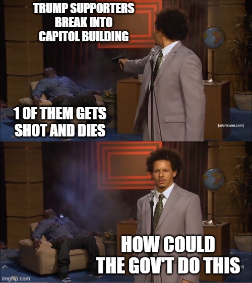 those crazy protesters | TRUMP SUPPORTERS BREAK INTO CAPITOL BUILDING; 1 OF THEM GETS SHOT AND DIES; HOW COULD THE GOV'T DO THIS | image tagged in memes,who killed hannibal | made w/ Imgflip meme maker