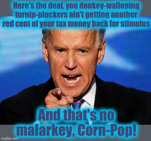 Donkey Wallopers | Here's the deal, you donkey-walloping
turnip-pluckers ain't getting another
red cent of your tax money back for stimulus; And that's no malarkey, Corn-Pop! | image tagged in biden,stimulus,taxes | made w/ Imgflip meme maker