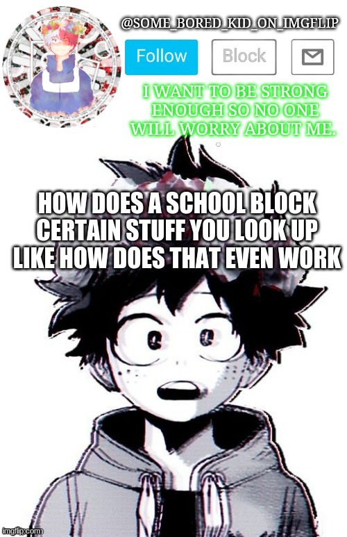 ?THEY?BLOCKED?THE?PAGE? | HOW DOES A SCHOOL BLOCK CERTAIN STUFF YOU LOOK UP LIKE HOW DOES THAT EVEN WORK | image tagged in some_bored_kid_on_imgflip _ _ | made w/ Imgflip meme maker
