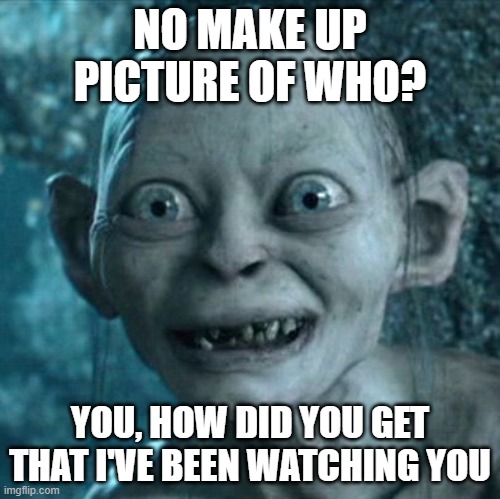 Hey | NO MAKE UP PICTURE OF WHO? YOU, HOW DID YOU GET THAT I'VE BEEN WATCHING YOU | image tagged in memes,gollum | made w/ Imgflip meme maker