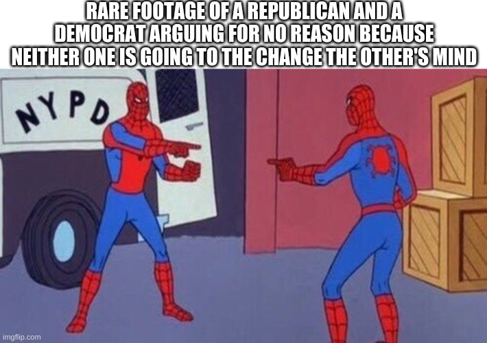 hey look | RARE FOOTAGE OF A REPUBLICAN AND A DEMOCRAT ARGUING FOR NO REASON BECAUSE NEITHER ONE IS GOING TO THE CHANGE THE OTHER'S MIND | image tagged in spiderman pointing at spiderman | made w/ Imgflip meme maker