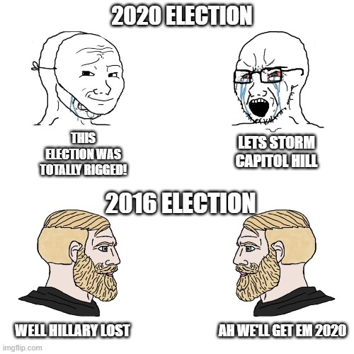 Crying Wojak / I Know Chad Meme | 2020 ELECTION; LETS STORM CAPITOL HILL; THIS ELECTION WAS TOTALLY RIGGED! 2016 ELECTION; WELL HILLARY LOST; AH WE'LL GET EM 2020 | image tagged in crying wojak / i know chad meme | made w/ Imgflip meme maker