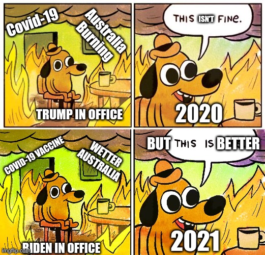 Hopefully a better year! | ISN'T; Covid-19; Australia Burning; 2020; TRUMP IN OFFICE; BUT                 BETTER; COVID-19 VACCINE; WETTER AUSTRALIA; 2021; BIDEN IN OFFICE | image tagged in memes,this is fine | made w/ Imgflip meme maker