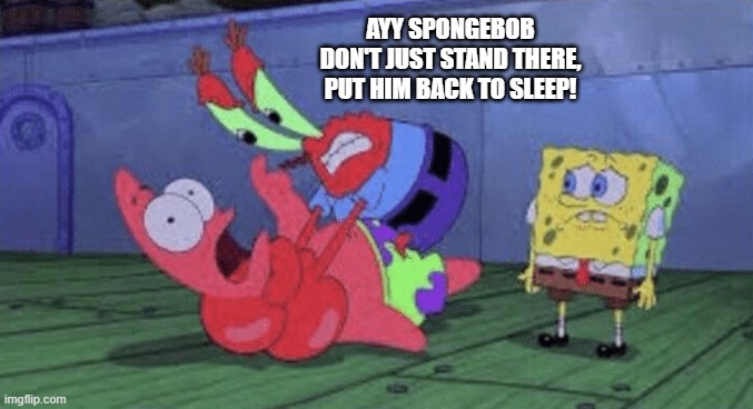 Mr. Krabs Choking Patrick | AYY SPONGEBOB DON'T JUST STAND THERE, PUT HIM BACK TO SLEEP! | image tagged in mr krabs choking patrick | made w/ Imgflip meme maker