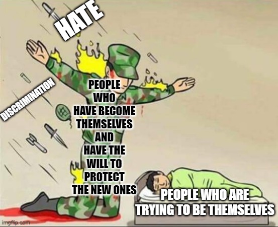 "If you're a Pro at it now, Might as well help out the newbies" | HATE; PEOPLE WHO HAVE BECOME THEMSELVES AND HAVE THE WILL TO PROTECT THE NEW ONES; DISCRIMINATION; PEOPLE WHO ARE TRYING TO BE THEMSELVES | image tagged in soldier protecting sleeping child,lgbt,discrimination,haters gonna hate | made w/ Imgflip meme maker