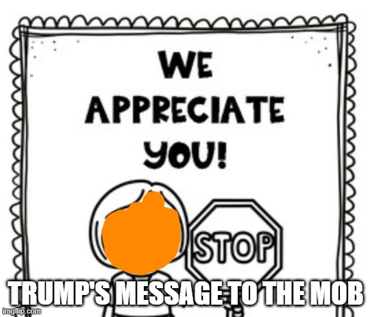 trump supporters | TRUMP'S MESSAGE TO THE MOB | image tagged in trump supporters | made w/ Imgflip meme maker