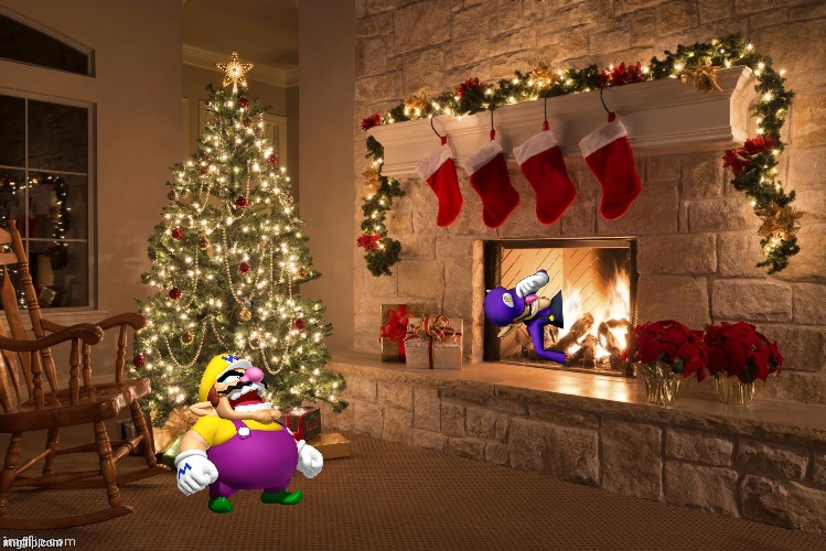 Wario throws waluigi into the fire | image tagged in merry christmas | made w/ Imgflip meme maker