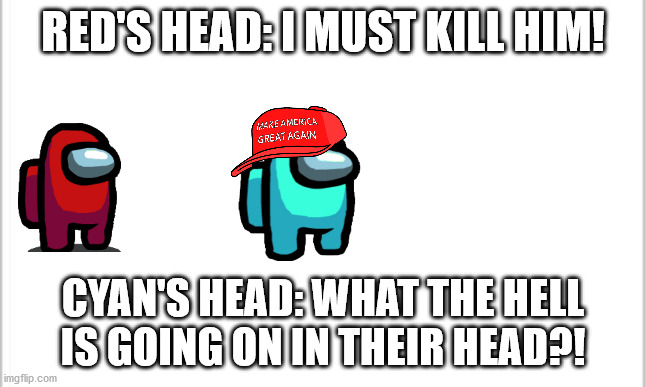 white background | RED'S HEAD: I MUST KILL HIM! CYAN'S HEAD: WHAT THE HELL IS GOING ON IN THEIR HEAD?! | image tagged in white background | made w/ Imgflip meme maker