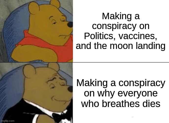 Truly a mystery of the ages | Making a conspiracy on Politics, vaccines, and the moon landing; Making a conspiracy on why everyone who breathes dies | image tagged in memes,tuxedo winnie the pooh | made w/ Imgflip meme maker