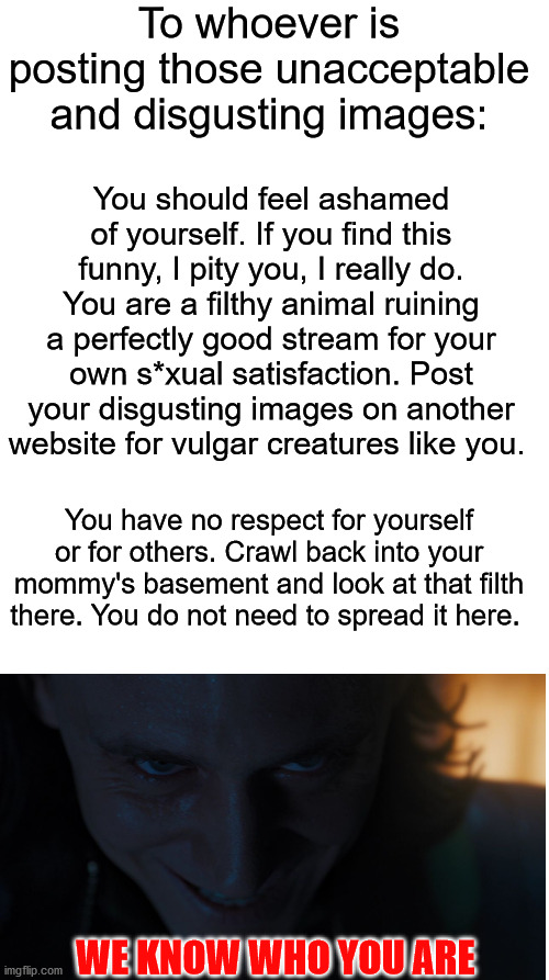 You DISGUST me | To whoever is posting those unacceptable and disgusting images:; You should feel ashamed of yourself. If you find this funny, I pity you, I really do. You are a filthy animal ruining a perfectly good stream for your own s*xual satisfaction. Post your disgusting images on another website for vulgar creatures like you. You have no respect for yourself or for others. Crawl back into your mommy's basement and look at that filth there. You do not need to spread it here. WE KNOW WHO YOU ARE | made w/ Imgflip meme maker