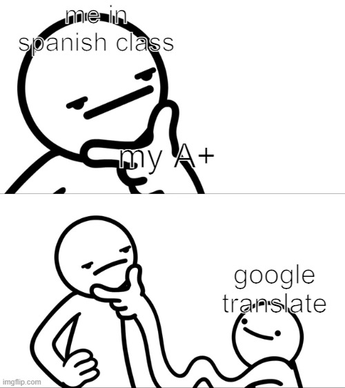 me irl |  me in spanish class; my A+; google translate | image tagged in asdf man rubbing chin,spanish,funny memes | made w/ Imgflip meme maker