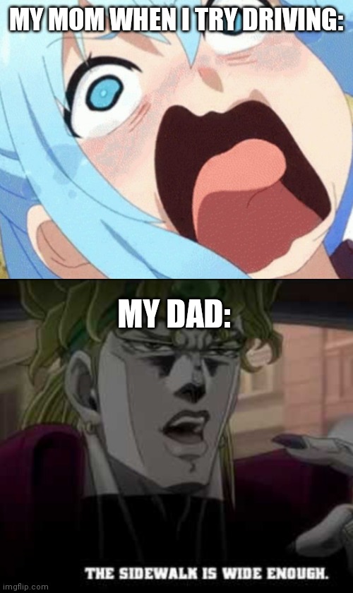 E | MY MOM WHEN I TRY DRIVING:; MY DAD: | image tagged in anime,meme,memes,funny | made w/ Imgflip meme maker