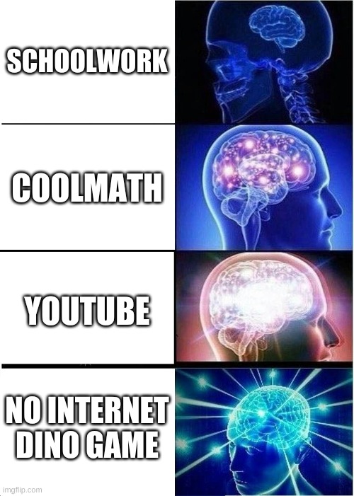 Expanding Brain Meme | SCHOOLWORK; COOLMATH; YOUTUBE; NO INTERNET DINO GAME | image tagged in memes,expanding brain | made w/ Imgflip meme maker