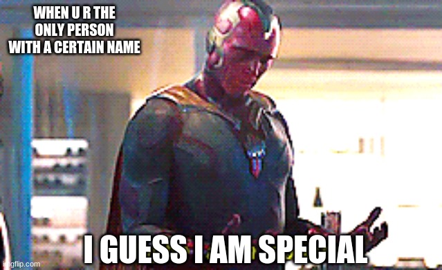 one of a kind name meme | WHEN U R THE ONLY PERSON WITH A CERTAIN NAME; I GUESS I AM SPECIAL | image tagged in maybe i am a monster | made w/ Imgflip meme maker