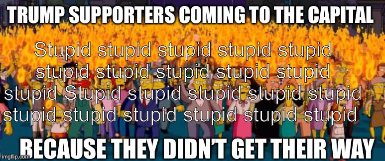 Stupid | TRUMP SUPPORTERS COMING TO THE CAPITAL; Stupid stupid stupid stupid stupid stupid stupid stupid stupid stupid stupid Stupid stupid stupid stupid stupid stupid stupid stupid stupid stupid stupid; BECAUSE THEY DIDN’T GET THEIR WAY | image tagged in simpsons angry mob torches | made w/ Imgflip meme maker